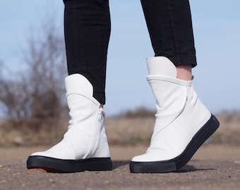 White Genuine leather Sneakers boots,Women Leather sneakers boots,White leather sneakers women,Women leather boots,White Leather boots