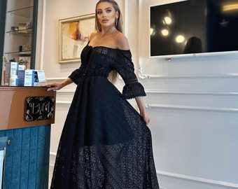 Elegant Black Off-Shoulder Maxi Dress – Sheer Lace Long Sleeve Dress – Boho Formal Gown,Summer lace long dress,Boho long dress