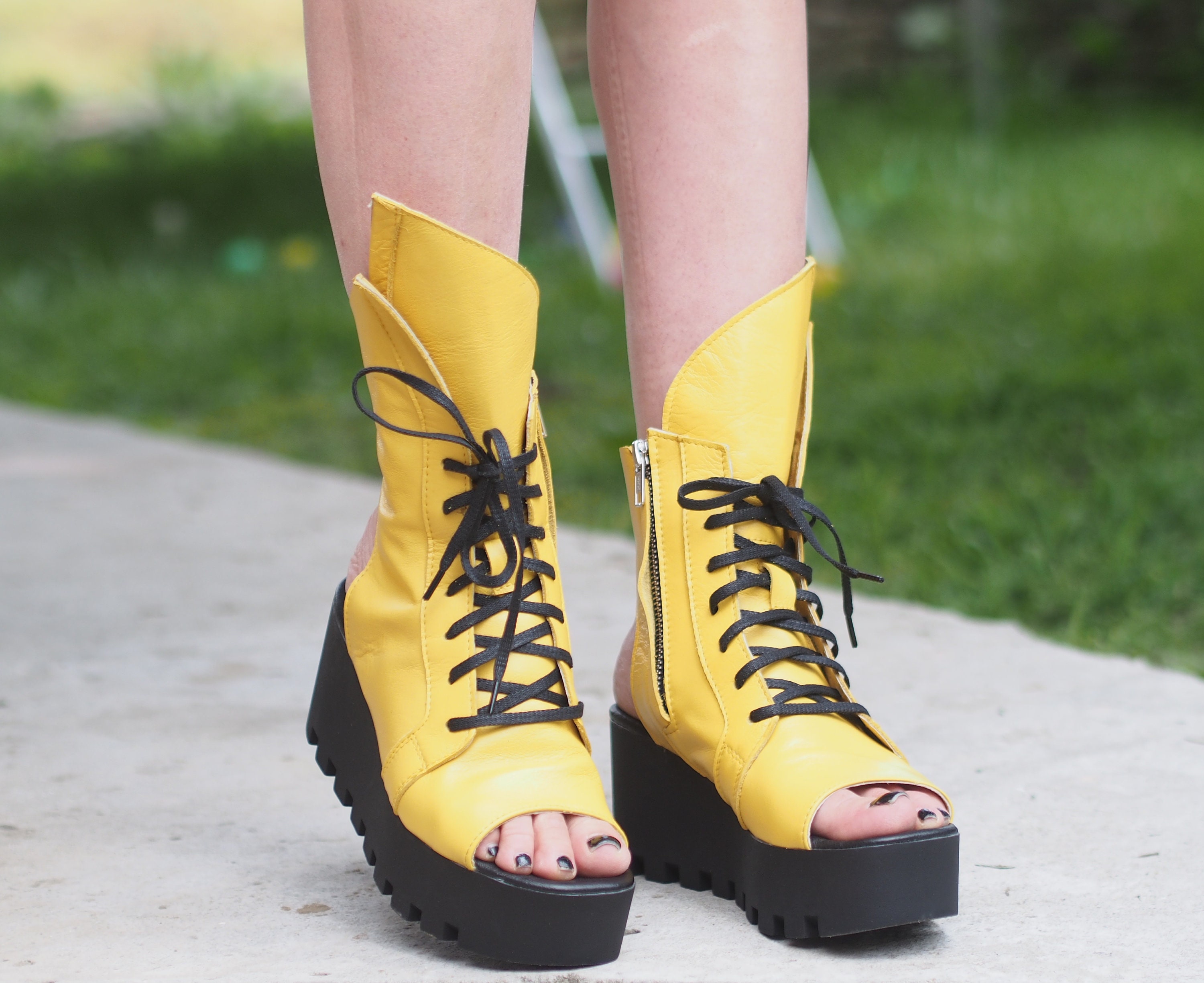 Yellow Leather Platform Boots,womens Handmade Summer Shoes Open