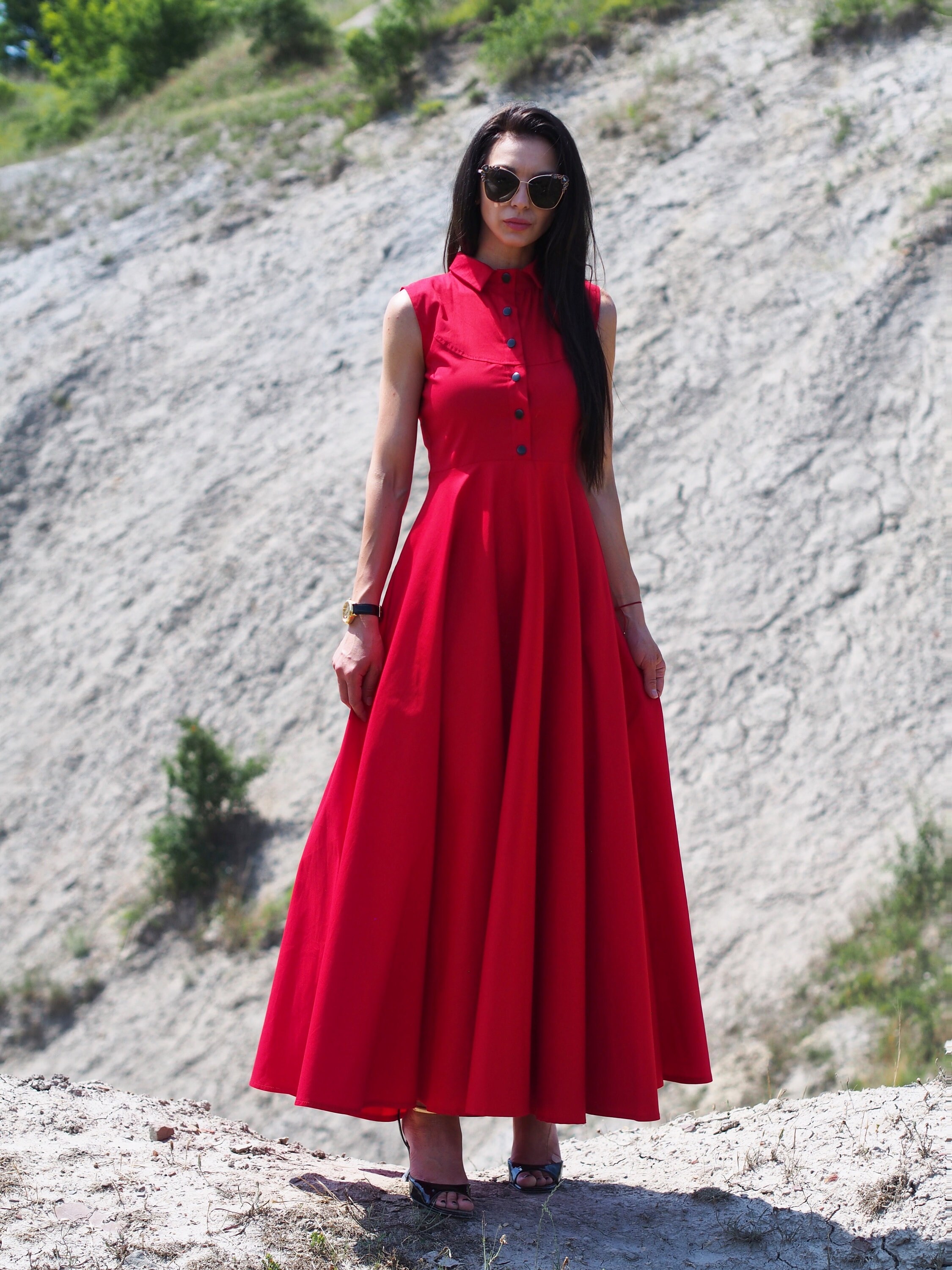 Sleeveless Red Shirt Dress-Elegant Collared Maxi Dress with Buttons -Summer A-Line Cotton Dress,Long Red Maxi Dress, Women's Flared Red Gown
