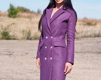 Long Wool coat,women wool coat,Purple wool coat,elegant winter coat,wool winter coat for women  Double breasted coat ,Long Wool Winter coat