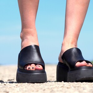 Women genuine leather wedges sandals,Black Leather sandals,Women platform sandals,Women open toe wedges,Leather Wedges sandals for women image 3