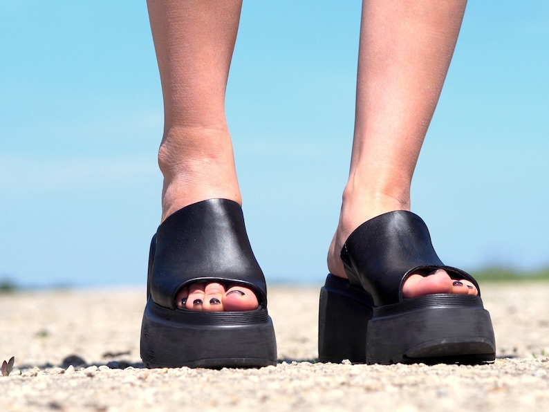 Women genuine leather wedges sandals,Black Leather sandals,Women platform sandals,Women open toe wedges,Leather Wedges sandals for women image 3