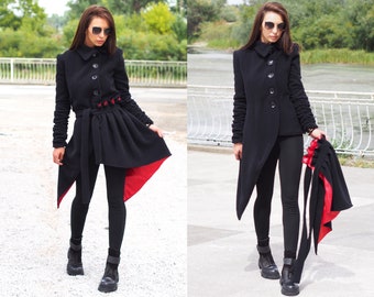 Extravagant wool asymmetric coat  Women wool coat Elegant Winter Coat Black long wool coat Winter Wool coat for Women
