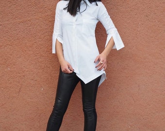 Woman asymmetric shirt/extravagant asymmetric shirt/white asymmetric shirt