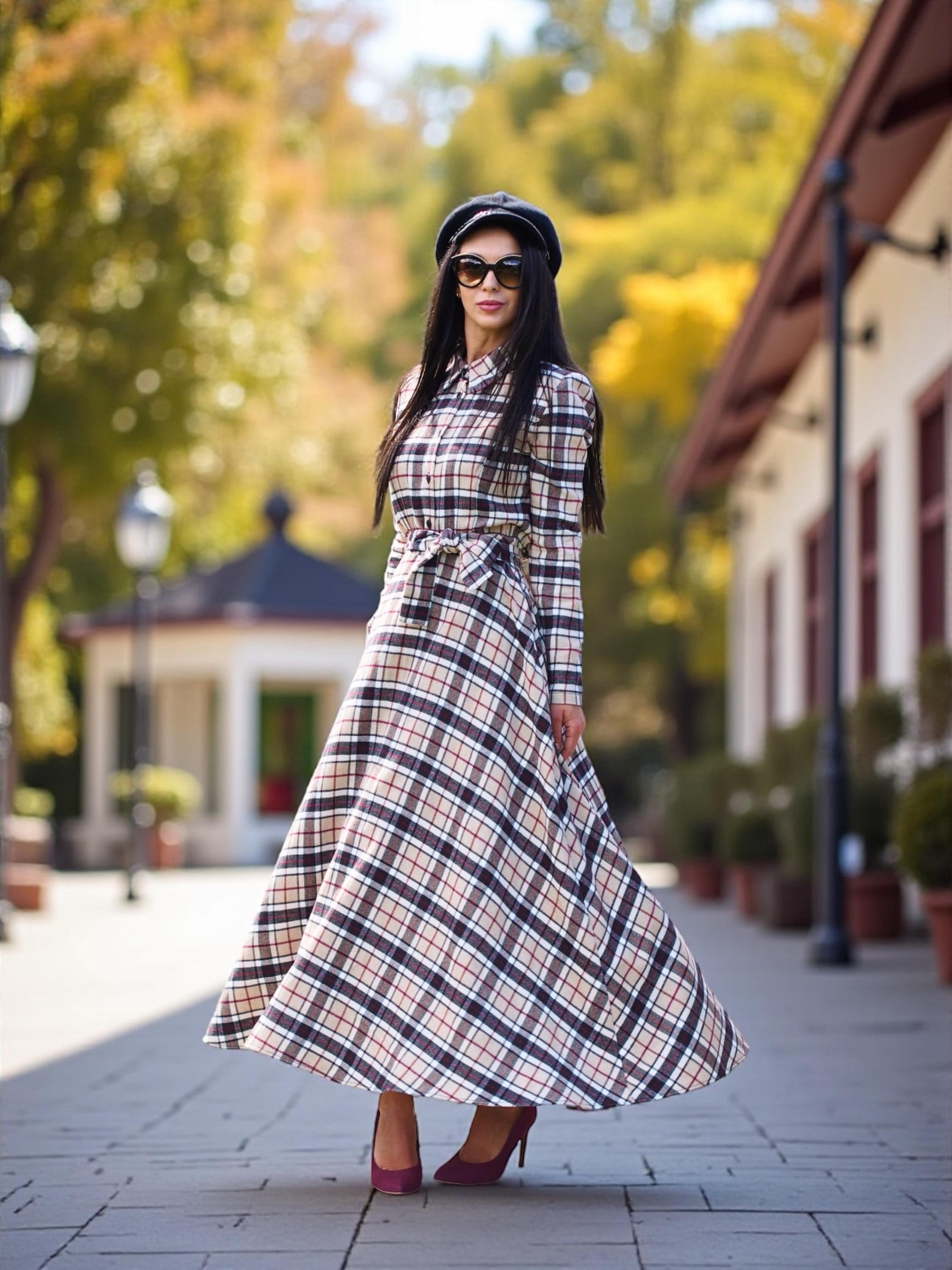sheller flocky check long shirt dress 美品 Plaid Cashmere Maxi Shirt Dress – Soft Flannel Look Long