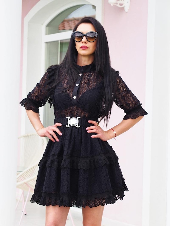 Black Lace Mini Dress With Beltelegant Cotton Lace Party Dressshort  Ruffled Cocktail Dress With Sleevesgothic Vintage Inspired Outfit - Etsy  Canada