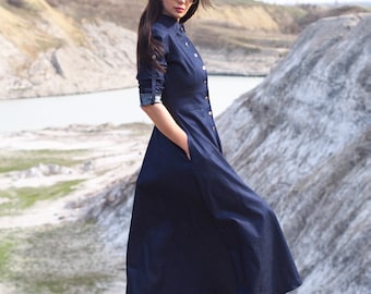 Vestido camisero largo de mezclilla azul marino, vestido largo