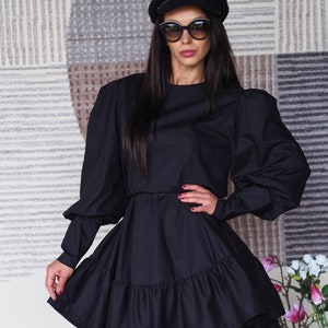 Elegant Black Puff Sleeve Mini Dress – Long Sleeve A-Line Ruffle Dress – Gothic Chic Party Dress