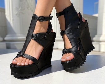Platform Sandals Women, Leather Wedge Sandals, Open Toe Boots, Peep Toe Booties, Summer Ankle Boots, Cut Out Boots