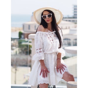 Boho White Off-Shoulder Cotton Lace Dress – Summer Beach Mini Dress with Ruffle Sleeves-Embroidered Eyelet Summer Dress –Boho Short Sundress