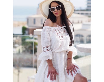 Boho White Off-Shoulder Cotton Lace Dress – Summer cotton lace Dress with Ruffle Sleeves-Embroidered  Summer Dress –Boho Short Sundress