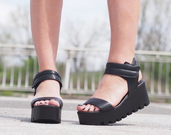 Black Genuine leather platform sandals/woman must have wedges/woman platform sandals/woman leather platform sandals