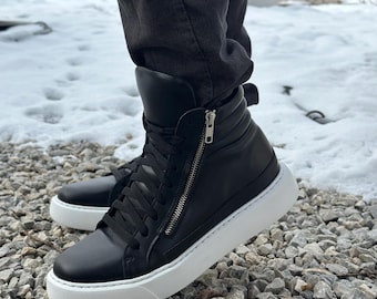 Men's Genuine leather Sneakers Boots,Mens Leather boots,Black leather boots for mens,Handmade boots,Men leather boots,Men's Casual boots