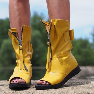 Yellow Genuine leather summer boots,Leather Gladiator Sandals,Peep Toe Boots,Open Toe Boot,Ankle Sandals,Steampunk Shoes,Gothic Sandals image 3