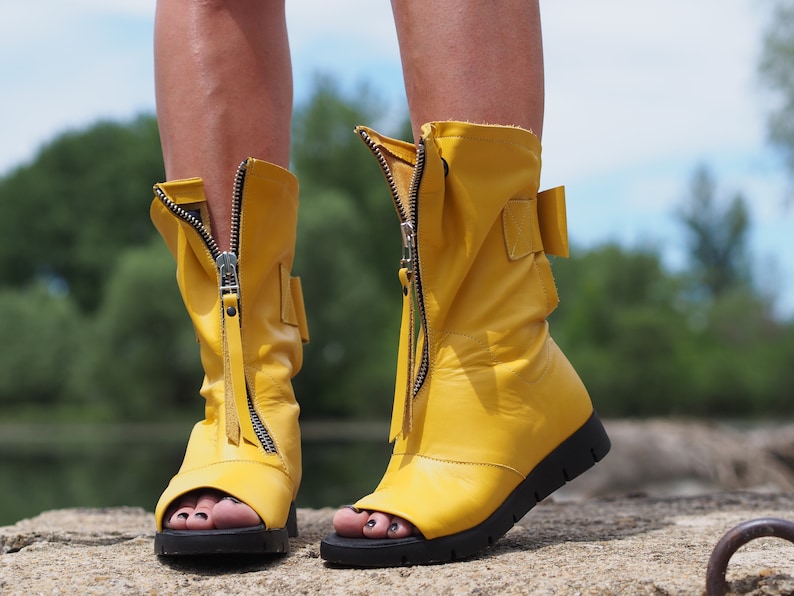 Yellow Genuine leather summer boots,Leather Gladiator Sandals,Peep Toe Boots,Open Toe Boot,Ankle Sandals,Steampunk Shoes,Gothic Sandals image 3