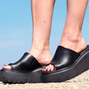 Women genuine leather wedges sandals,Black Leather sandals,Women platform sandals,Women open toe wedges,Leather Wedges sandals for women image 9