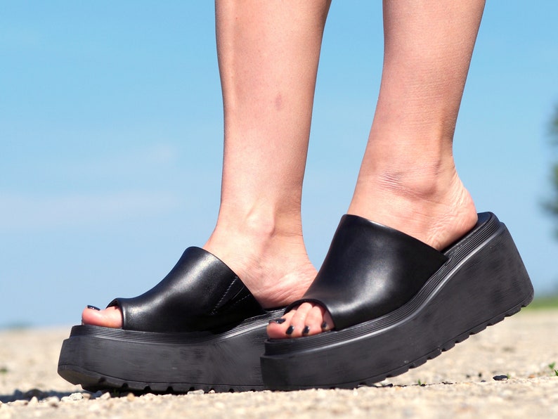 Women genuine leather wedges sandals,Black Leather sandals,Women platform sandals,Women open toe wedges,Leather Wedges sandals for women image 9