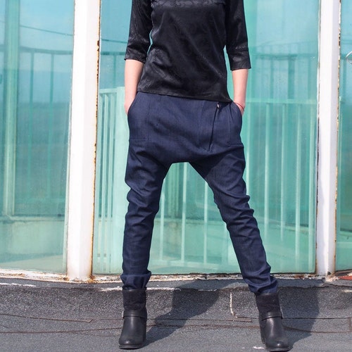 woman drop crotch pants/denim drop crotch pants/denim harem pants/woman denim pants