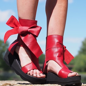 Women Genuine leather summer boots,Red leather cut out boots, Platform leather wedge sandals,summer boots,leather open toe wedge boots