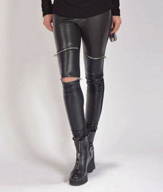 Comprar Leggings negros para mujer Leggings plisados ​​a la cadera  calientes de entrenamiento con parches de cuero de PU negro
