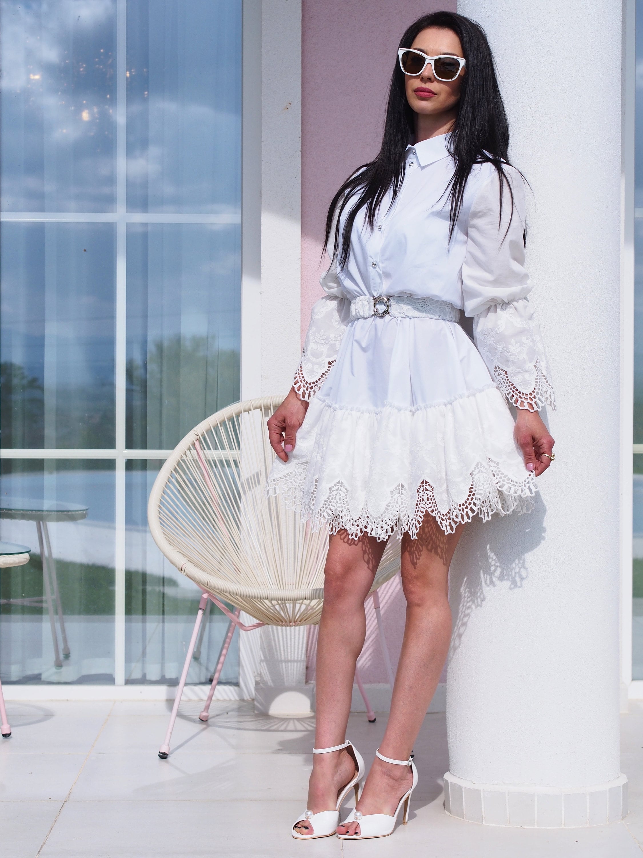 White Cotton Lace Dress - Summer short vacation Dress with Belt - Long Sleeve Elegant Day Dress - Boho White Party Dress White Cotton Lace Dress - Summer short vacation Dress with Belt - Long Sleeve Elegant Day Dress - Boho White Party Dress