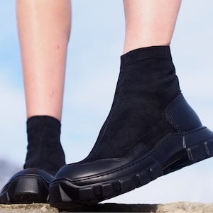 Bottes en cuir véritable noir, bottes pour femmes en cuir véritable, bottes décontractées en cuir, bottes de jour en cuir véritable pour femmes, bottes en cuir pour femmes
