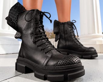 Bottes plates-formes en cuir noir femme, grosses bottes de combat, bottines à lacets, bottes d'hiver en cuir, bottes en cuir véritable pour femme