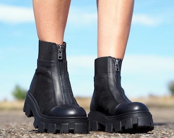 Extravagantes bottes noires pour femme en cuir véritable,Bottes en cuir pour femme,Bottes d'hiver en cuir,Bottes en cuir pour femme,Bottes en cuir pour femme