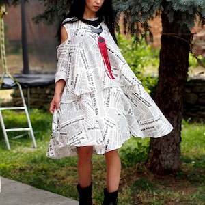 Newspaper Print Dress – Avant-Garde A-Line Dress with Cold Shoulder and Graphic Typography – Art-Inspired Statement Dress