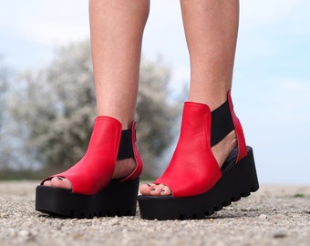 Botas de verano de cuero genuino para mujer rojas, botines de verano de cuero, sandalias de cuña de cuero para mujer, botas de verano con plataforma, sandalias de cuero para mujer