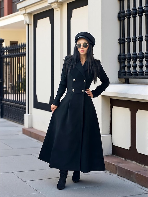 Long Black Wool Coat With Red Lining, Double-breasted Women's