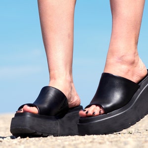 Women genuine leather wedges sandals,Black Leather sandals,Women platform sandals,Women open toe wedges,Leather Wedges sandals for women image 8