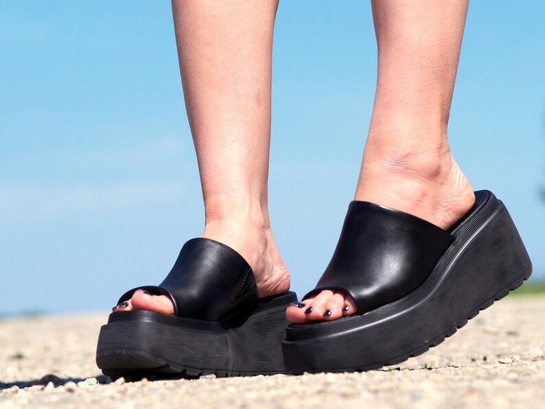 Women genuine leather wedges sandals,Black Leather sandals,Women platform sandals,Women open toe wedges,Leather Wedges sandals for women image 8