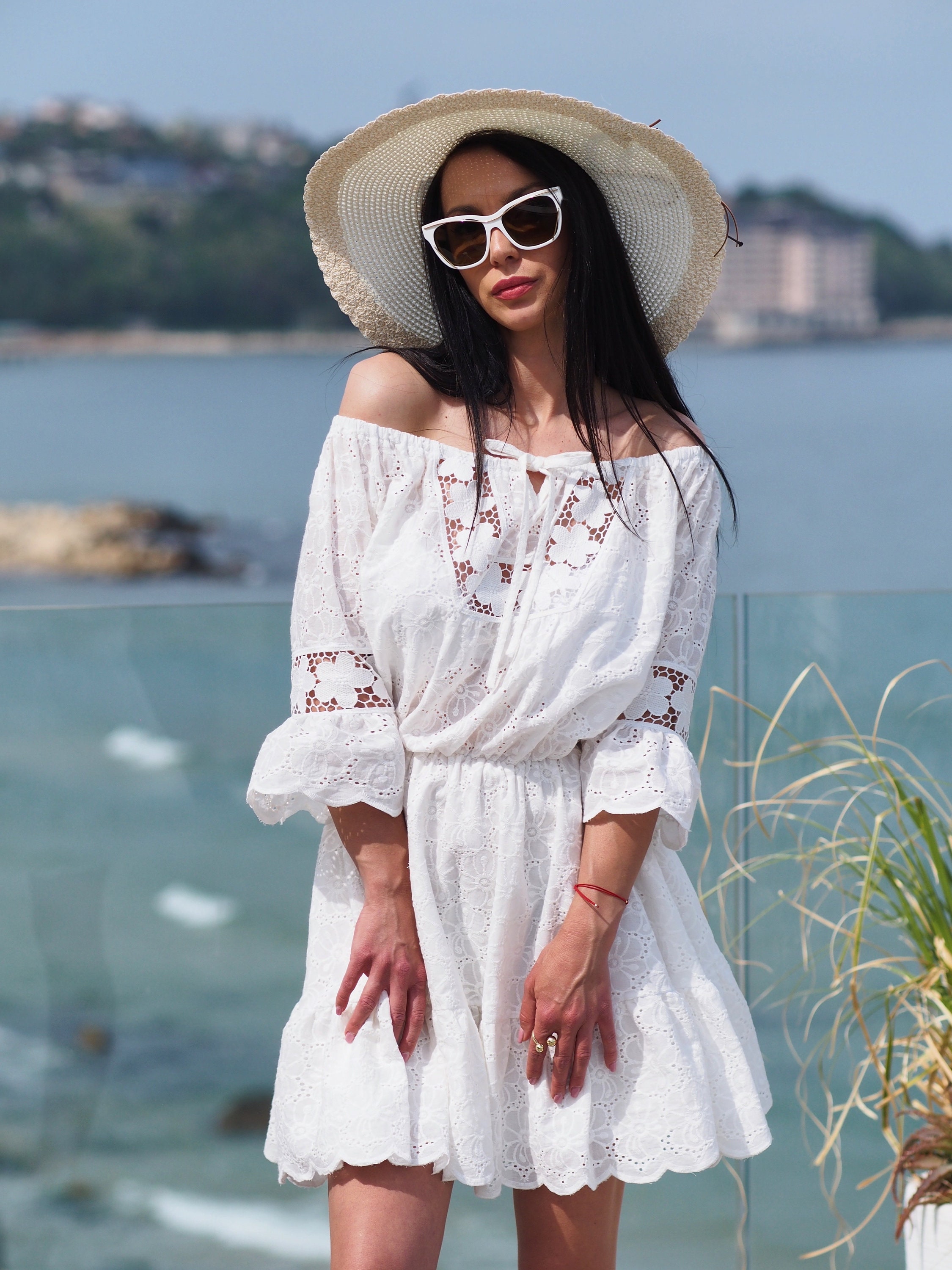 Boho White Off-Shoulder Cotton Lace Dress - Summer Cotton Lace Dress with Ruffle Sleeves-Embroidered Summer Dress -Boho Short Sundress