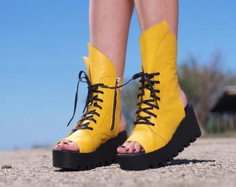 Yellow Leather Platform Boots Women, Peep Toe Lace up Boots, Wedge