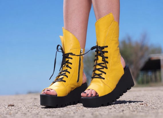 Yellow Leather Platform Boots Women, Peep Toe Lace up Boots, Wedge