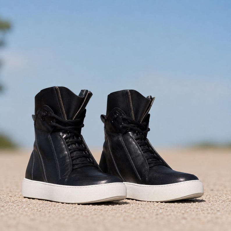 Men’s Black Leather Sneaker Boots, High Top Leather Sneakers, Handmade Designer Sneakers, Casual Leather Boots for Men image 13