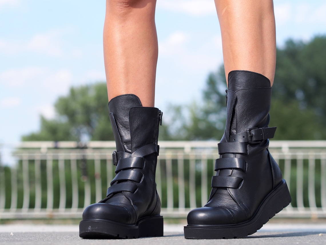Black Genuine Leather Boots Women Genuine Leather Boots Etsy