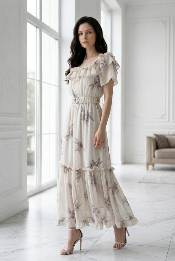 Chiffon Maxi Dress Floral Dress Off Shoulder Dress Boho Wedding Guest Dress Romantic Dress Elegant Summer Dress