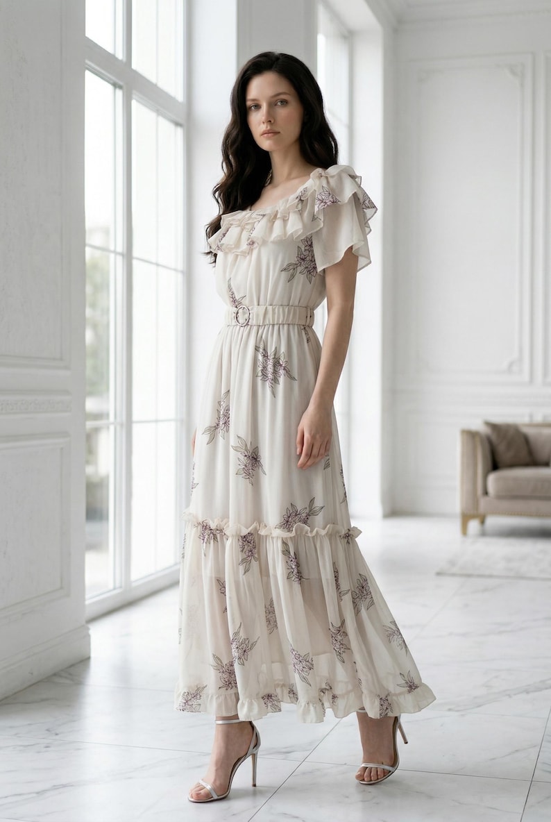 May include: A cream-colored maxi dress with a floral pattern. The dress features a square neckline, ruffled sleeves, and a belted waist. The skirt has a tiered design. The model is wearing silver heels.