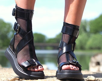 Extravagante dames lederen zomerlaarzen, zwarte lederen sandalen laars, designer lederen zomerlaarzen, dames lederen gladiator sandalen