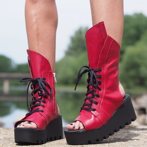 Red Genuine Leather Summer Boots,Open Toe Sandals,Woman Leather Summer Boot,Leather platform Sandal,Women leather wedge sandal,Open Toe Boot