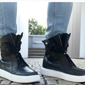 Men’s Black Leather Sneaker Boots, High Top Leather Sneakers, Handmade Designer Sneakers, Casual Leather Boots for Men image 8