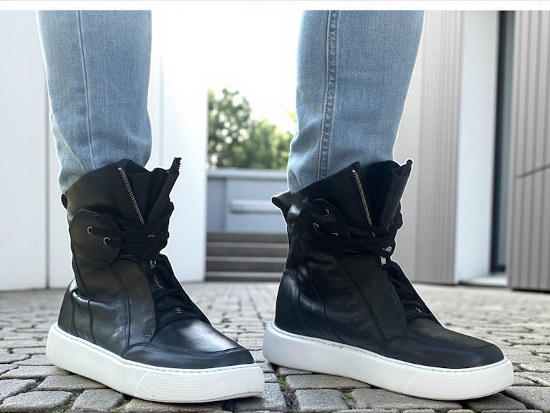 Men’s Black Leather Sneaker Boots, High Top Leather Sneakers, Handmade Designer Sneakers, Casual Leather Boots for Men image 8