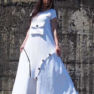 White Maxi Cotton Dress with Buttons and Front Pocket – Casual Summer Dress with Unique Design,Daily long casual dress
