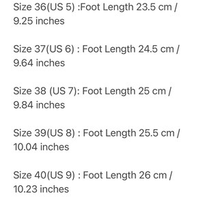 Puede incluir: Un gr&aacute;fico que muestra las tallas de zapatos en tallas de EE. UU. y las longitudes de pie correspondientes en cent&iacute;metros y pulgadas. La talla 36 (EE. UU. 5) es de 23,5 cm / 9,25 pulgadas, la talla 37 (EE. UU. 6) es de 24,5 cm / 9,64 pulgadas, la talla 38 (EE. UU. 7) es de 25 cm / 9,84 pulgadas, la talla 39 (EE. UU. 8) es de 25,5 cm / 10,04 pulgadas, la talla 40 (EE. UU. 9) es de 26 cm / 10,23 pulgadas y la talla 41 (EE. UU. 10) es de 27 cm / 10,62 pulgadas.