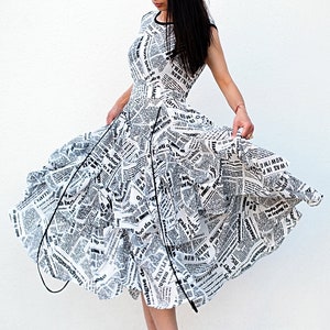 Sleeveless Flared Summer Dress – Loose Fit Oversized Dress with Newspaper Print – Bold Casual Statement Dress for Women
