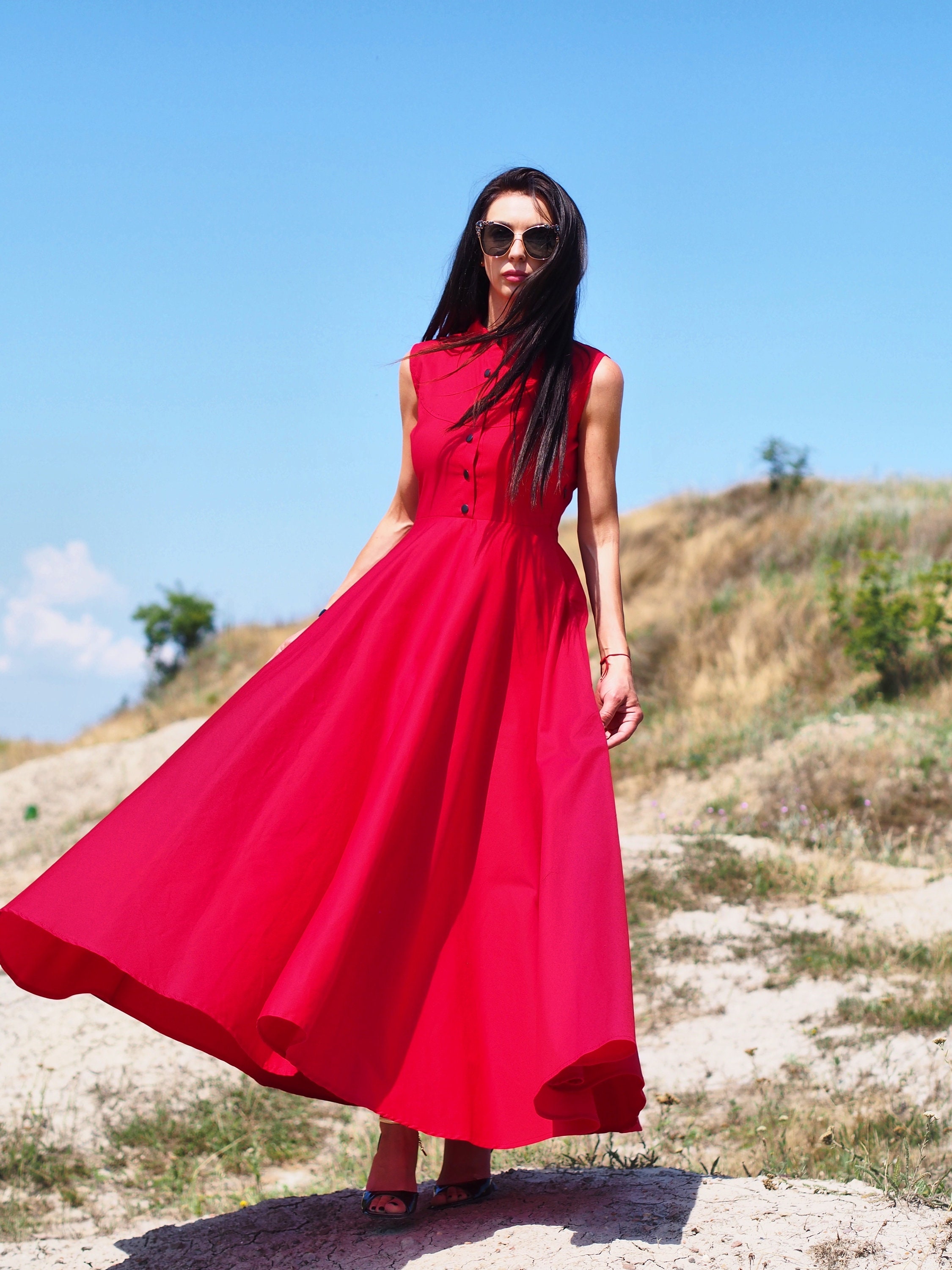 ladies red shirt dress Collared Eyelet Shirt Dress - Tomato Red