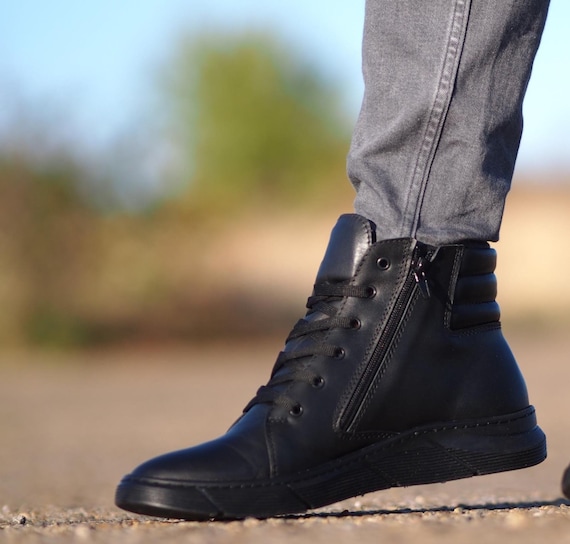 Men’s Black Leather Sneaker Boots | Handmade High Top Ankle Shoes | 100% Genuine Leather | Casual Streetwear Boots